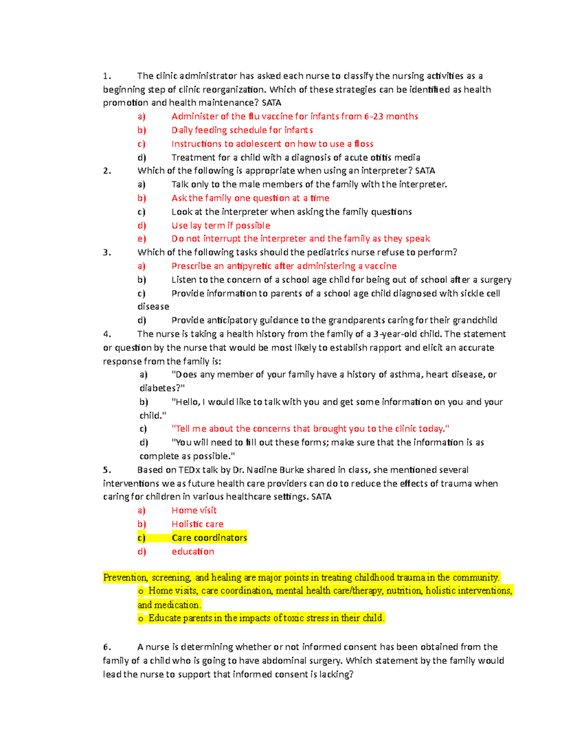 Peds quiz 1 quiz 1 review The clinic administrator has asked each