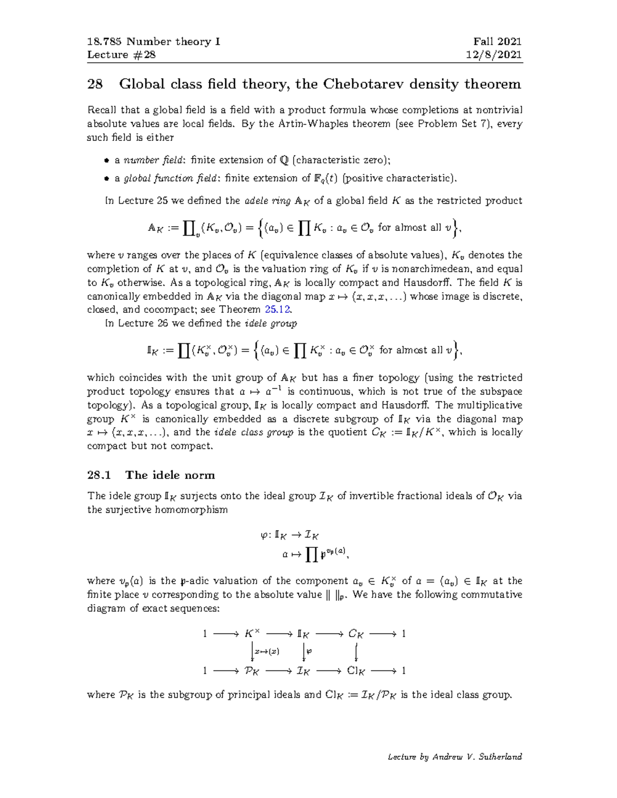 Number Theory I Lecture 28 - 18 Number Theory I Lecture # Fall 2021 12 ...