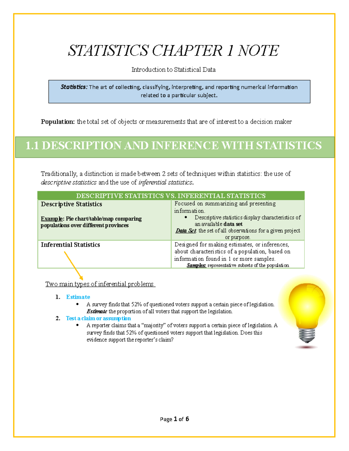 Statistics Chapter 1 Note - STATISTICS CHAPTER 1 NOTE Introduction to ...