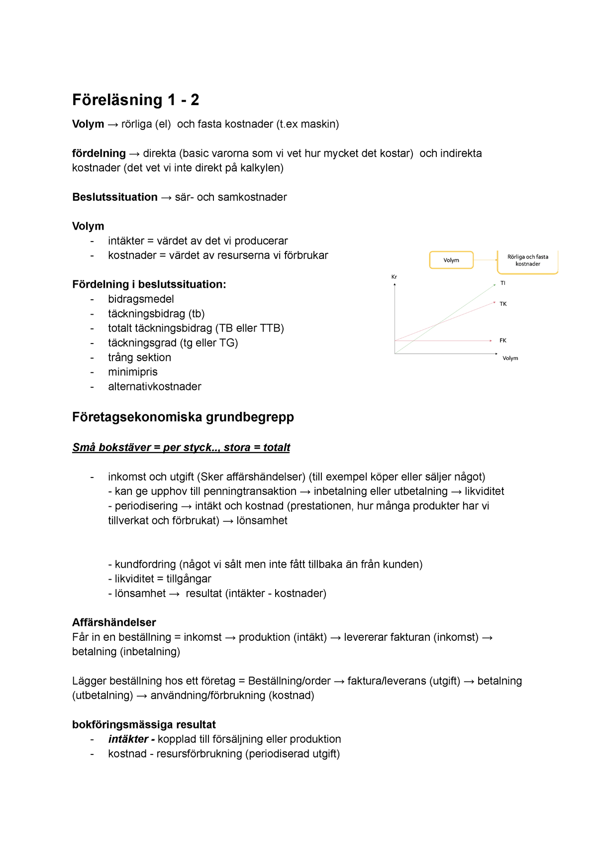 Ekonomistyrning - Föreläsning 1 - 2 Volym → Rörliga (el) Och Fasta ...