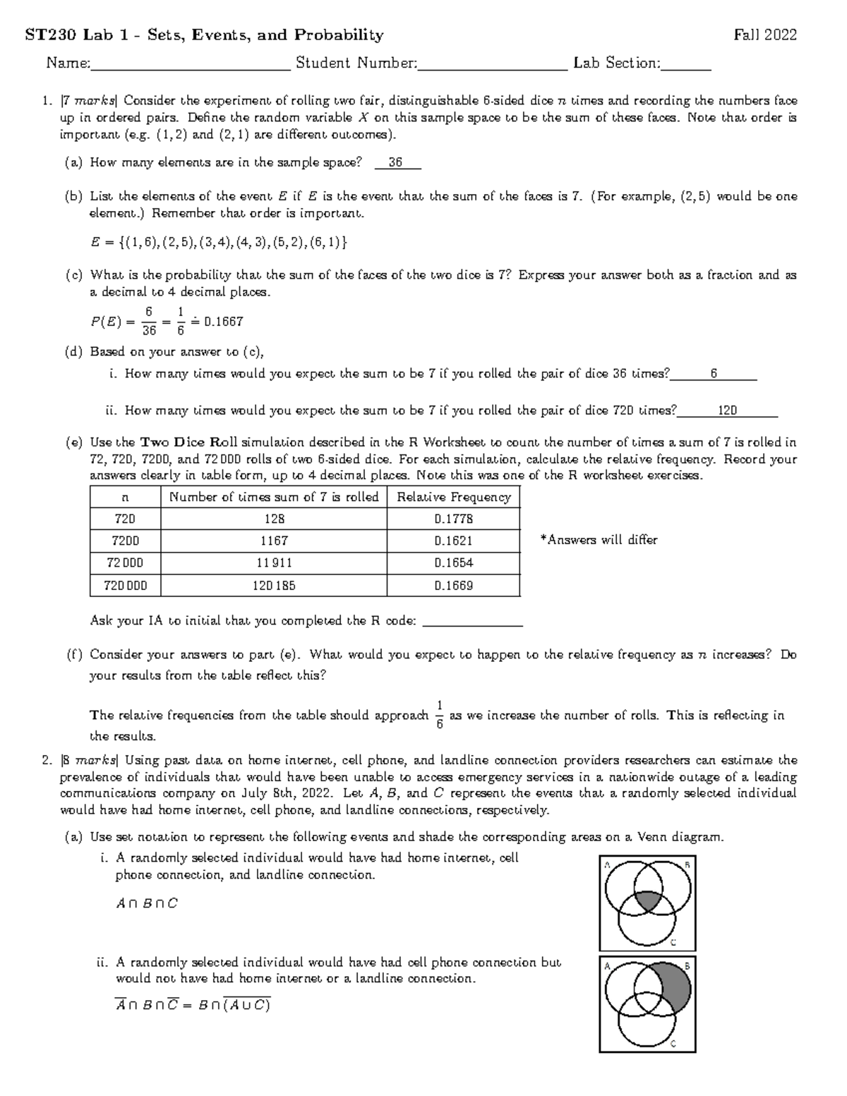 230lab1soln - Lab 1 Questions And Solutions - St230 Lab 1 - Sets 