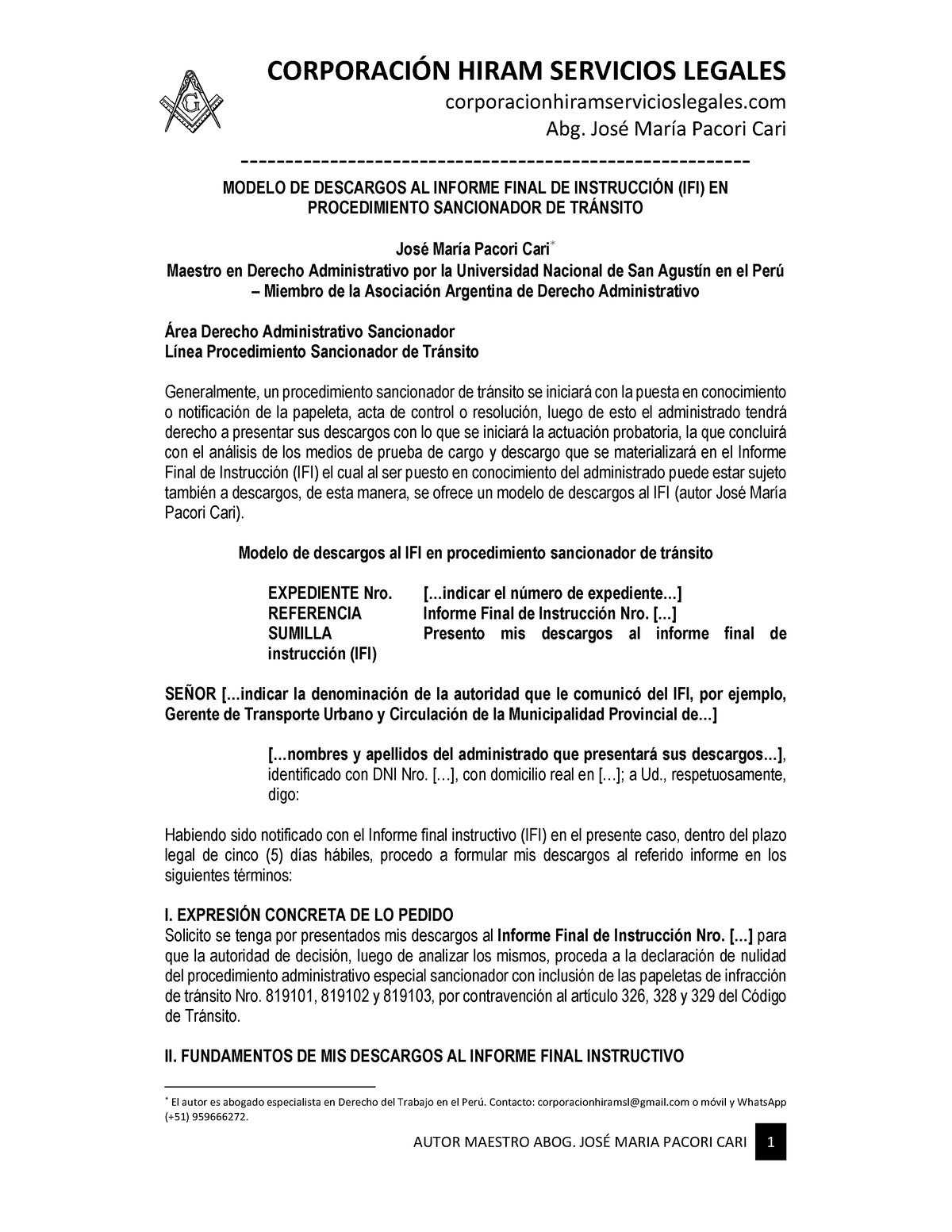 Modelo Descargos Al Ifi En Procedimiento Sancionador De Tránsito Autor José María Pacori Cari