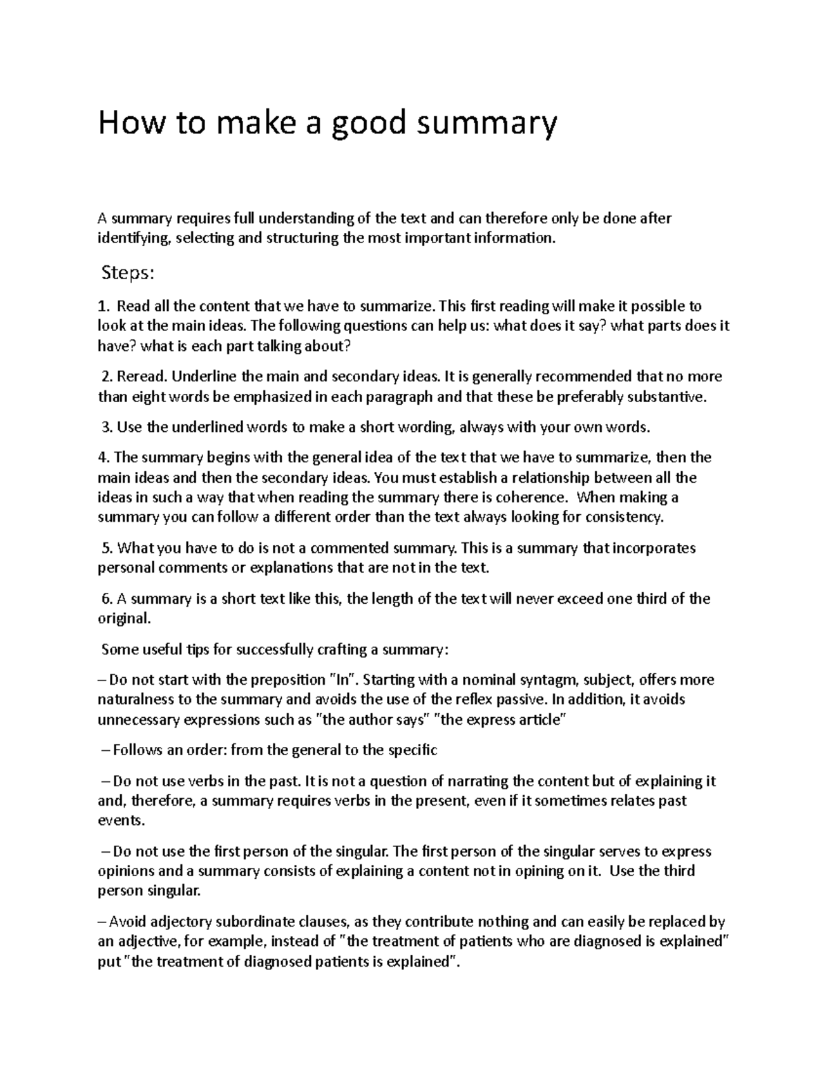 How to make a good summary - Steps: Read all the content that we have ...