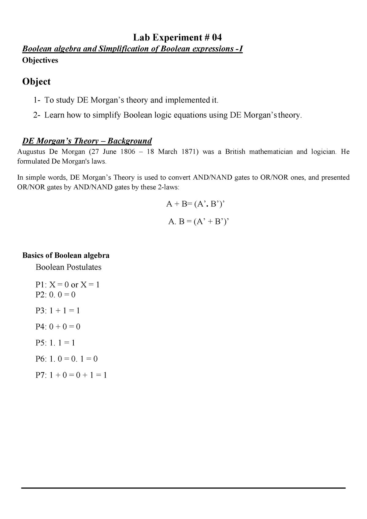 CS302 - Lab Manual - Week No - Lab Experiment # 04 Boolean Algebra And ...