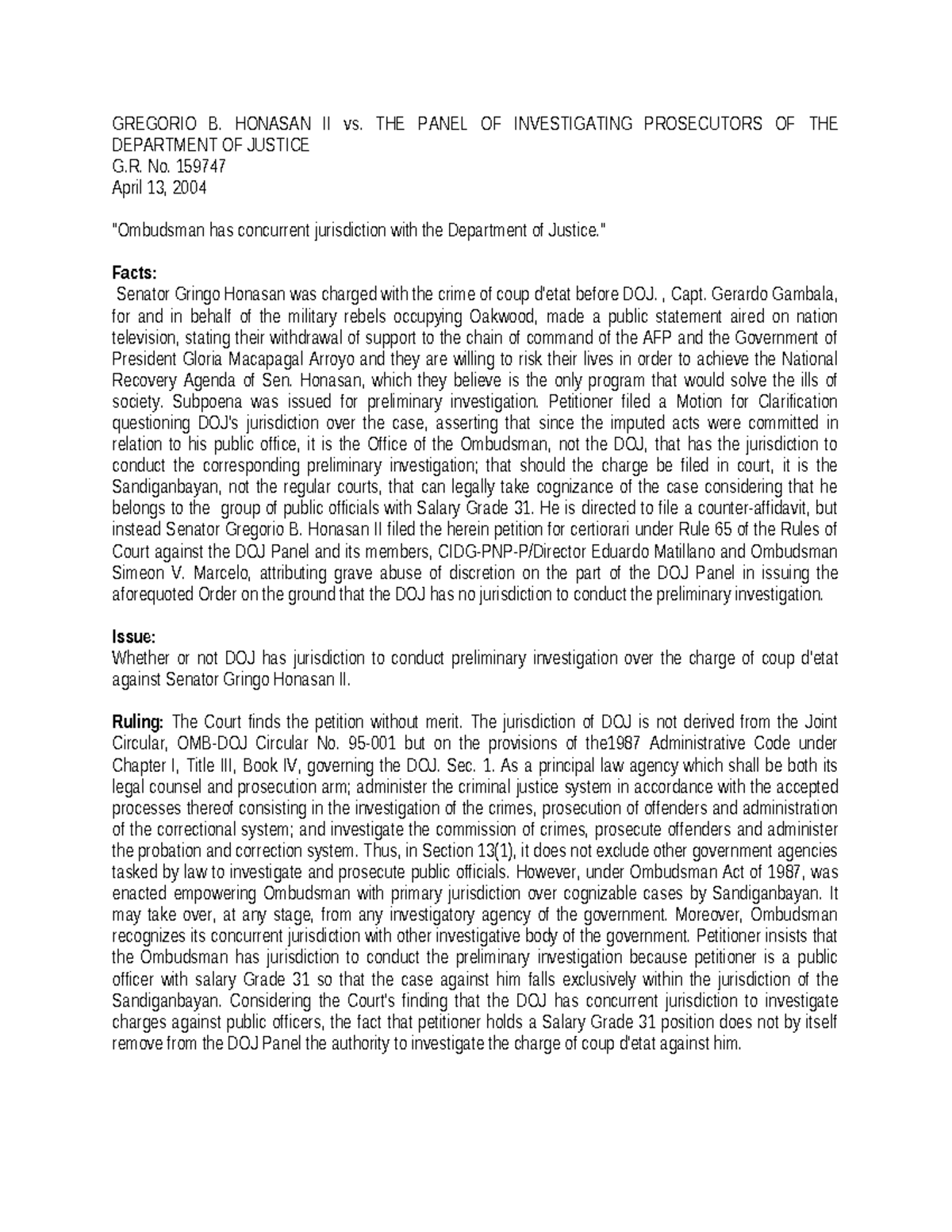 Rule 112- Gregorio B. Honasan II vs. THE Panel OF Investigating ...