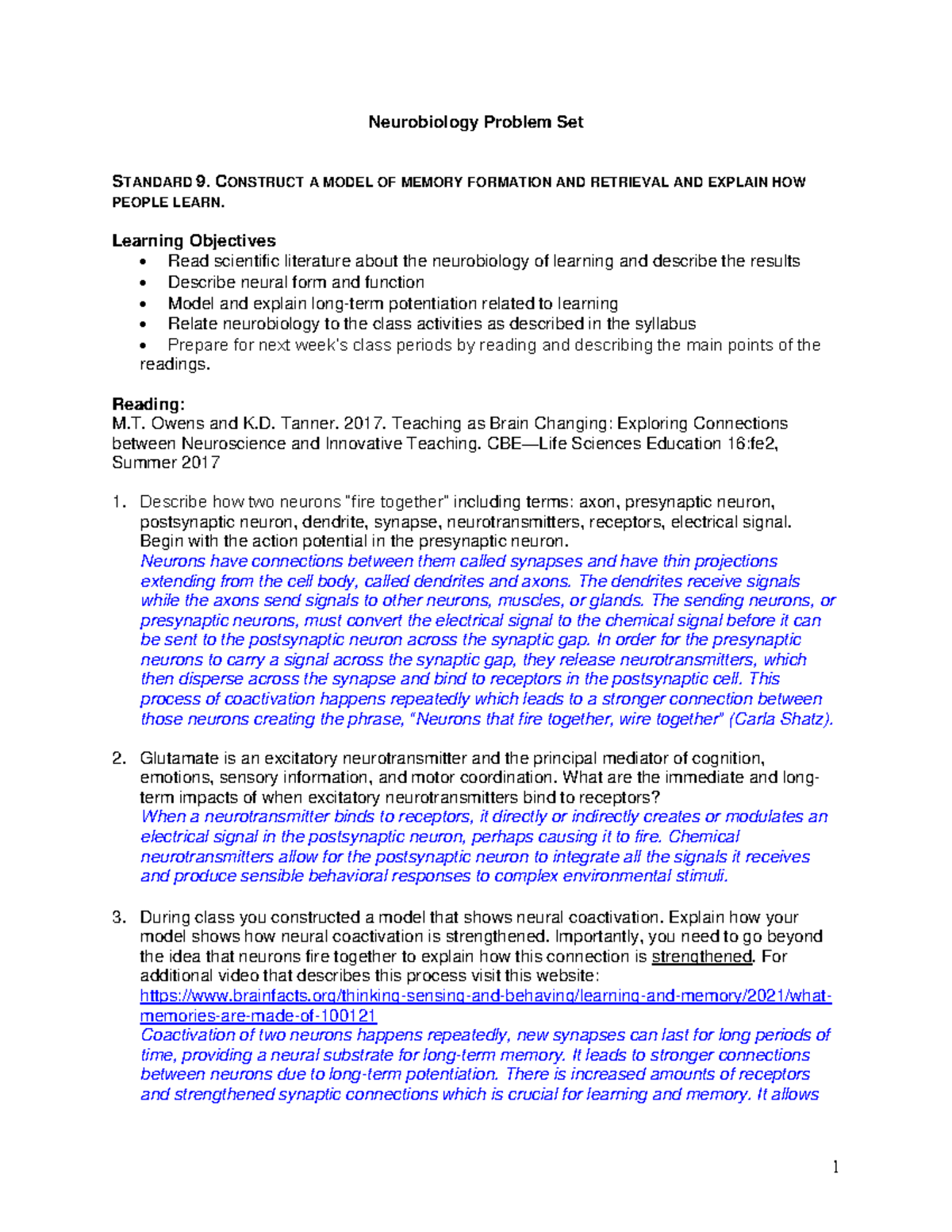 Standard 9 1 Neurobiology Problem Set STANDARD 9. CONSTRUCT A MODEL OF MEMORY FORMATION AND