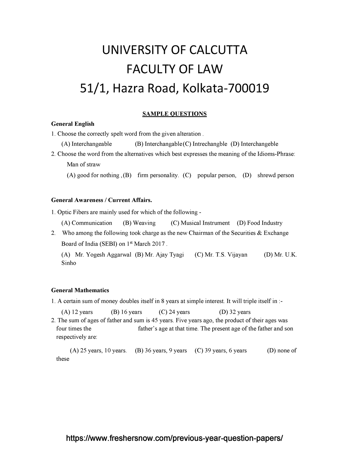 Calcutta University BA LLB Sample Question Paper - UNIVERSITY OF ...