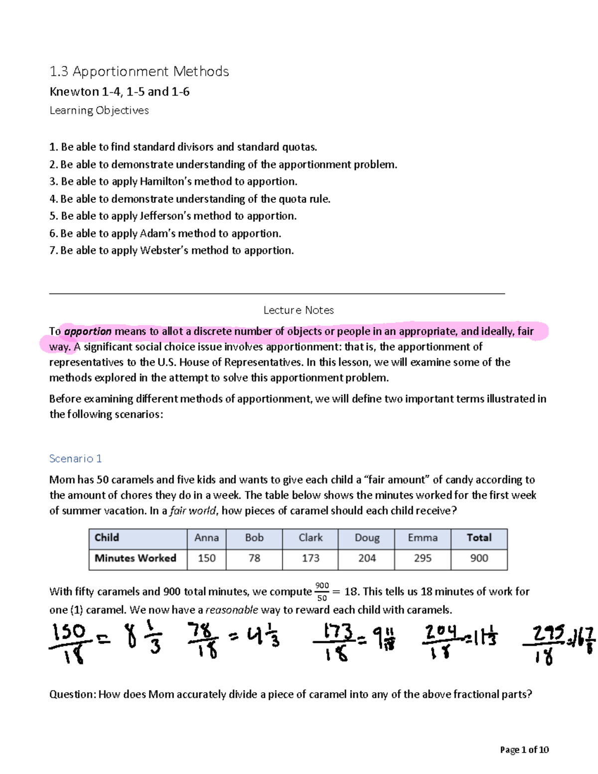 1580+Module+1.3+Student+Notes - 1 Apportionment Methods Knewton 1-4, 1 ...