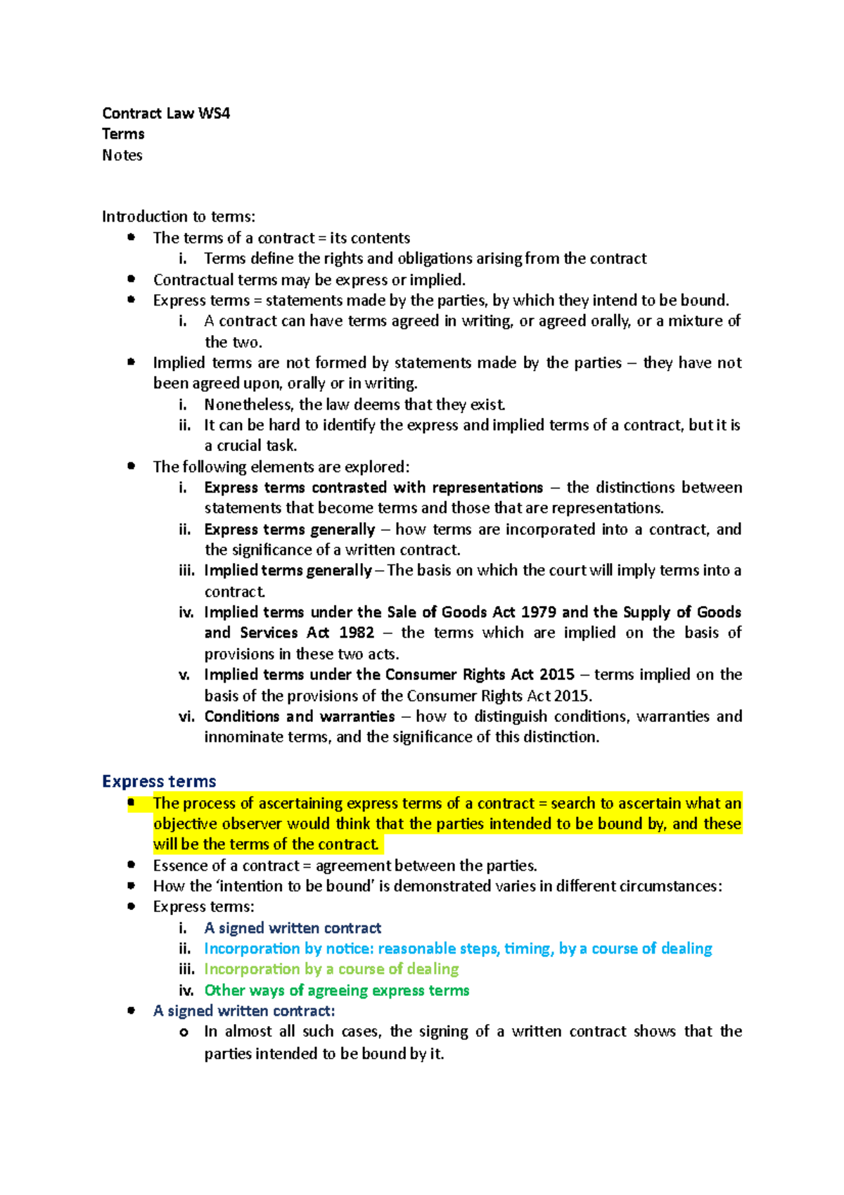 EXAM Adapt Notes For Week 3 Contract Law - Contract Law WS Terms Notes ...