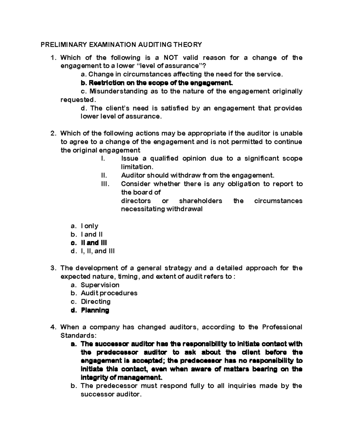 Detection risk - PRELIMINARY EXAMINATION AUDITING THEORY 1. Which of ...