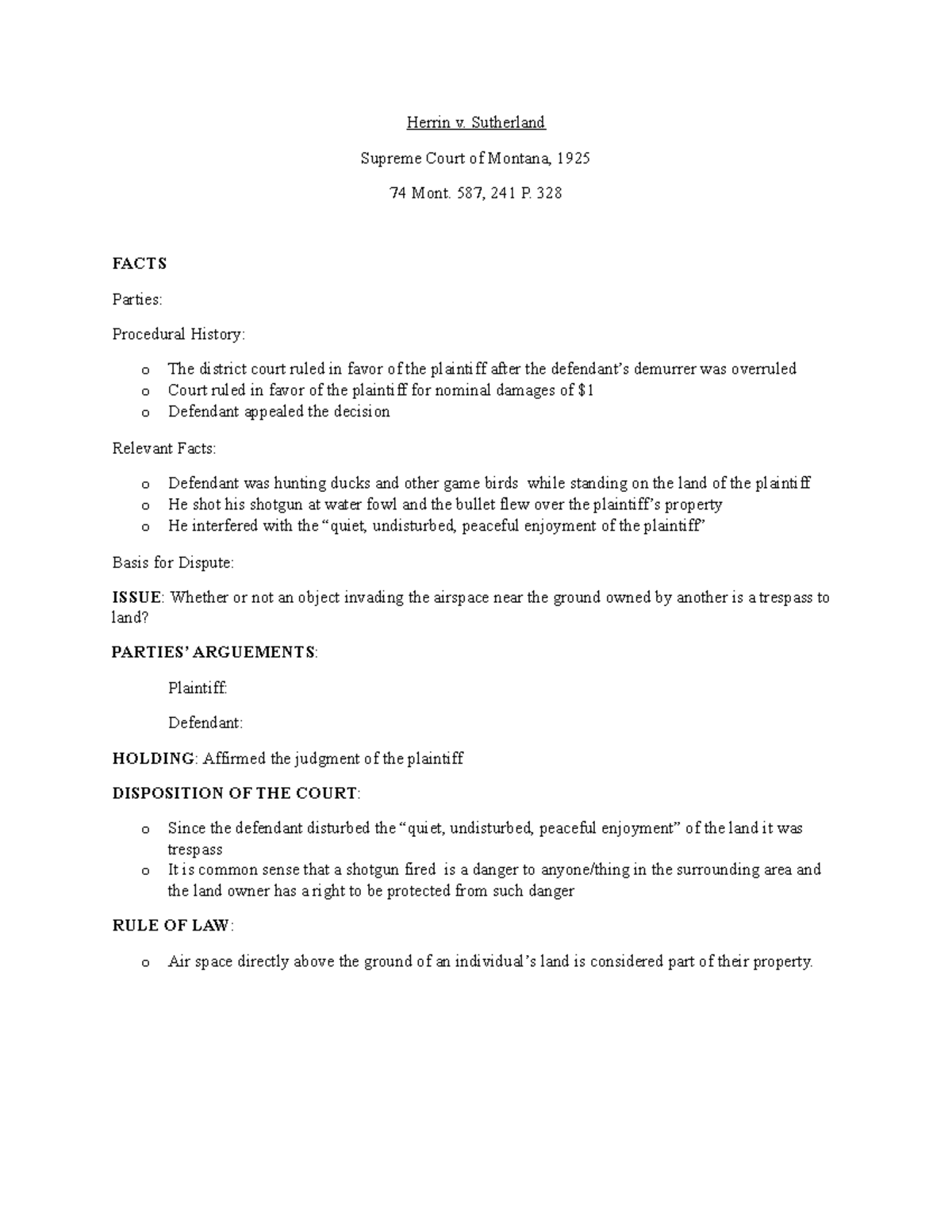 Herrin Case on Trespass to land Herrin v. Sutherland Supreme Court of