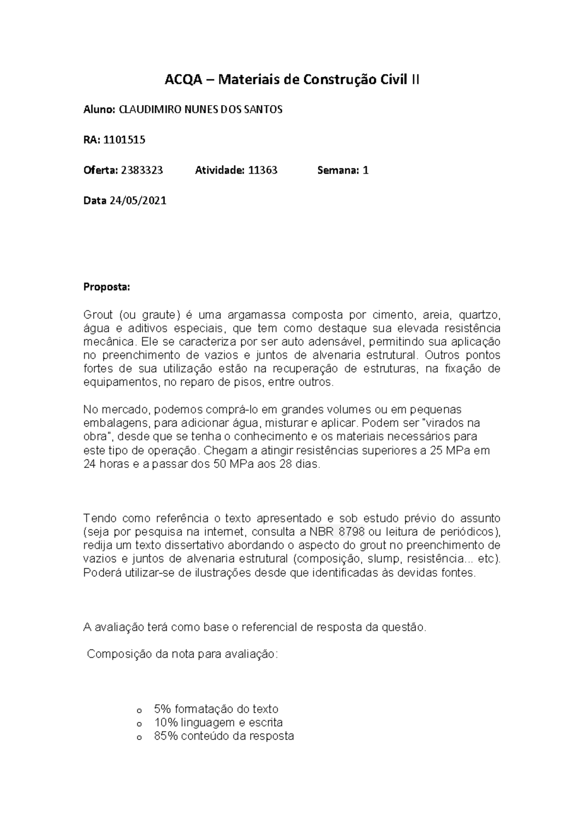 ACQA de Materiais 2 - ACQA – Materiais de Construção Civil II Aluno ...