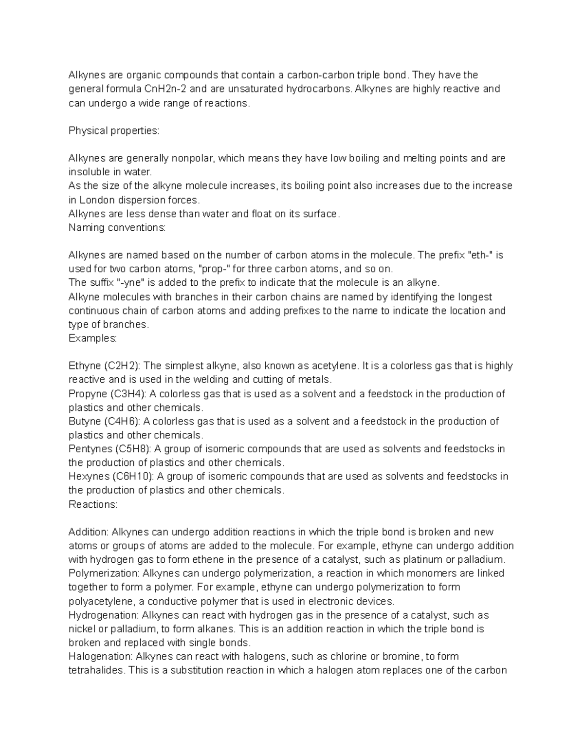 Alkynes notes - Alkynes are organic compounds that contain a carbon ...