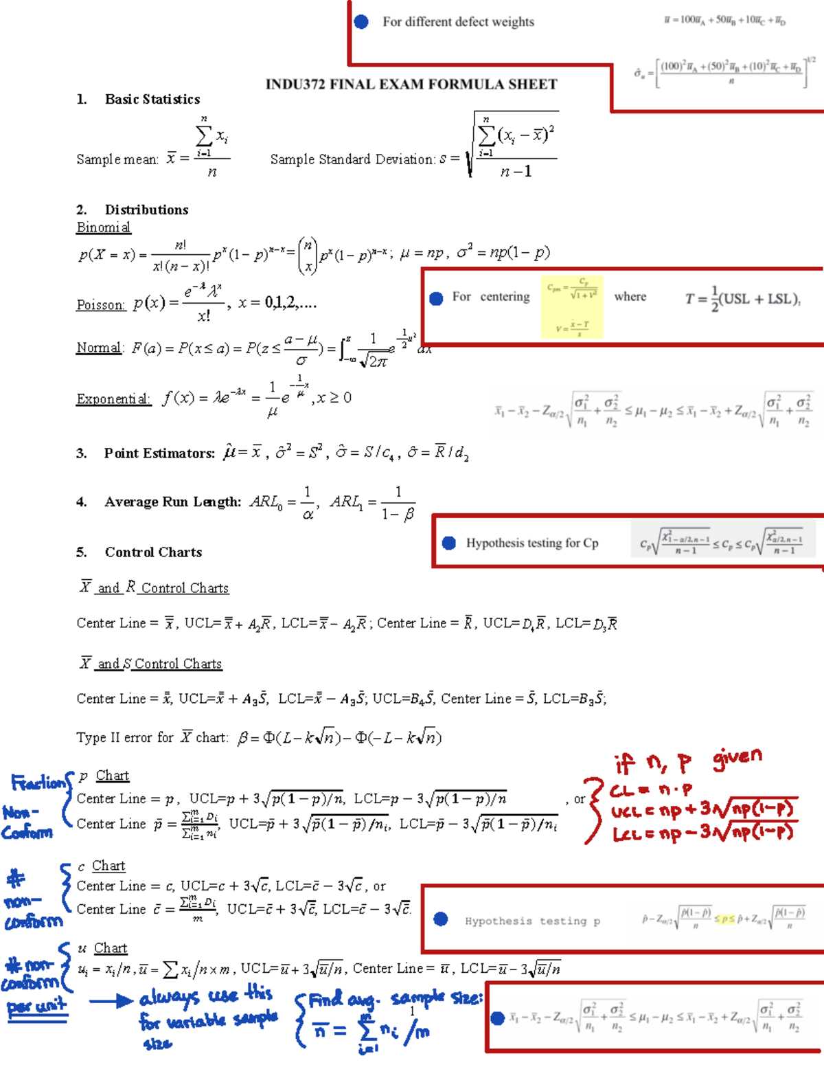 INDU 372 Final Crib - 1 INDU372 FINAL EXAM FORMULA SHEET 1. Basic ...