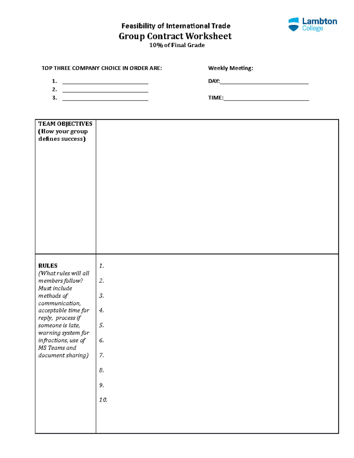 Group Contract Worksheet - Feasibility of International Trade Group ...