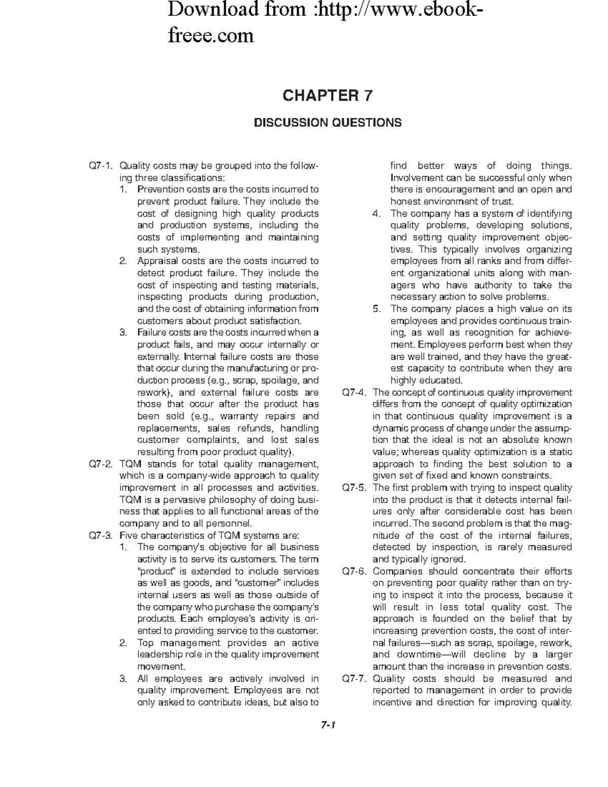 Ch07SM - Ch03SM - CHAPTER 7 DISCUSSION QUESTIONS 7- Q7-1. Quality costs ...