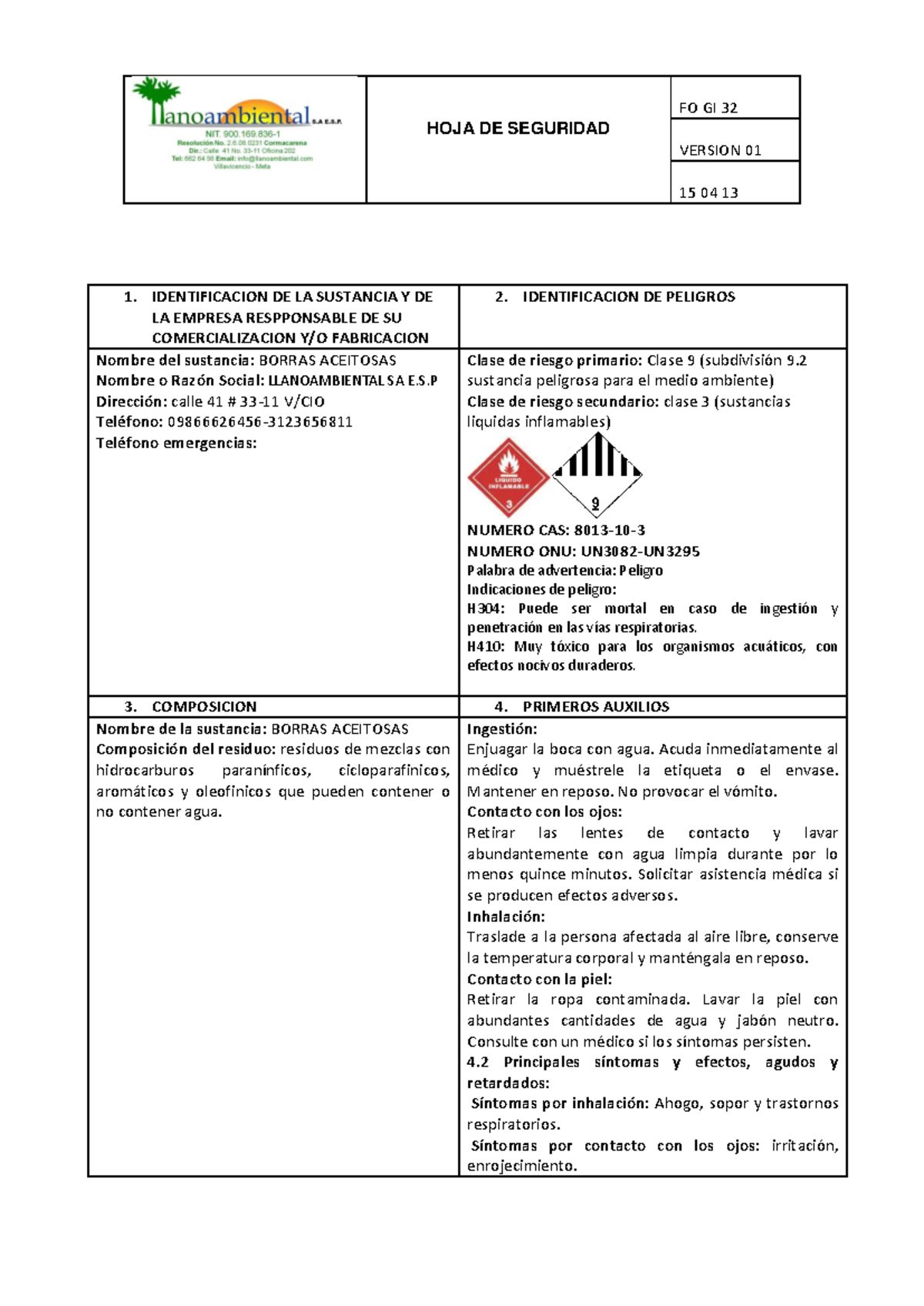 MSDS Borras Aceitosas - FDS Tarjeta De Emergencia - HOJA DE SEGURIDAD ...