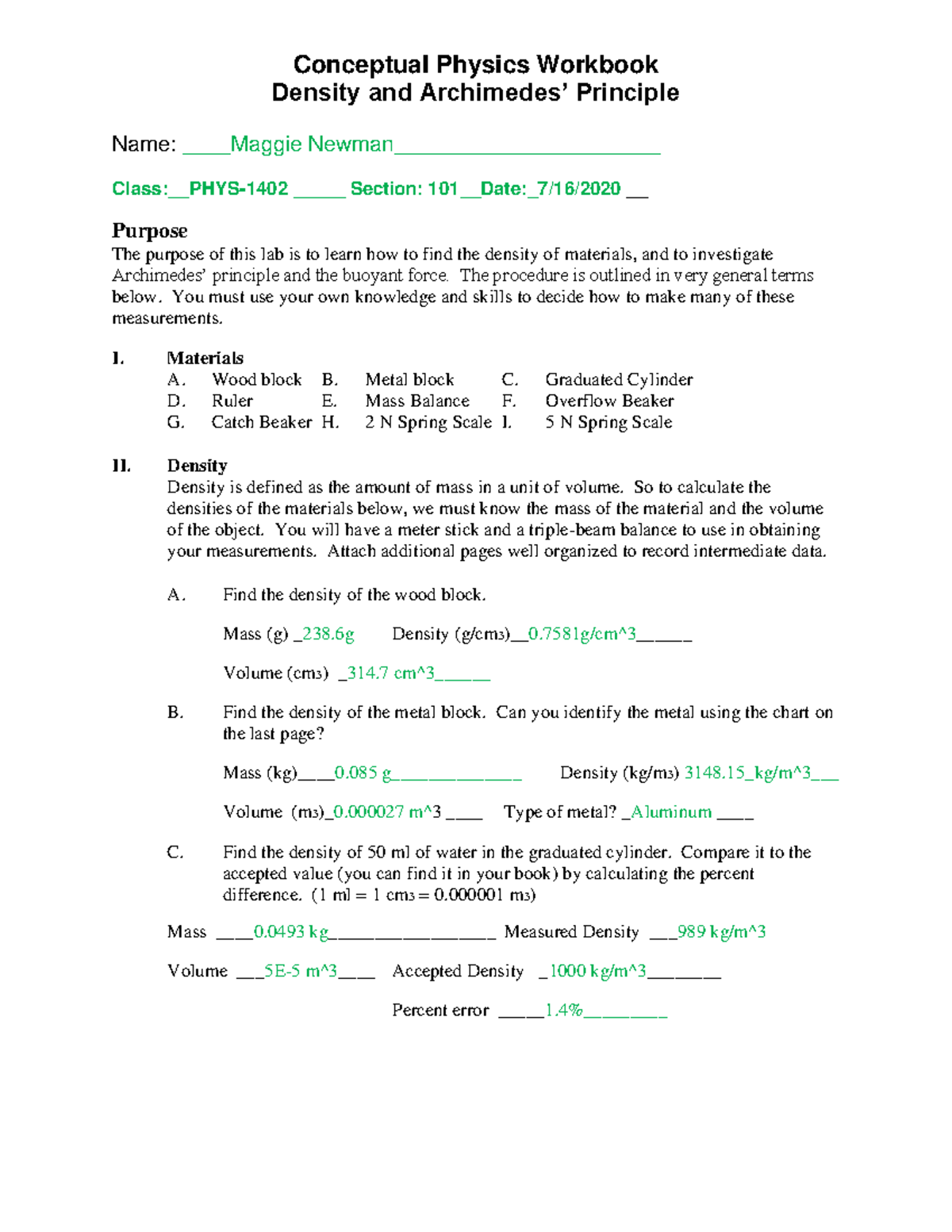 Lab 8 - lab assignment - Conceptual Physics Workbook Density and ...