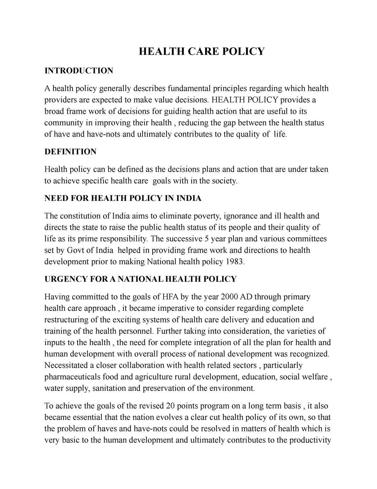 health care policy research paper