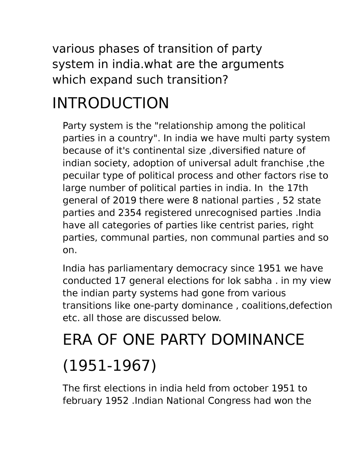 Various phases of party system - various phases of transition of party ...