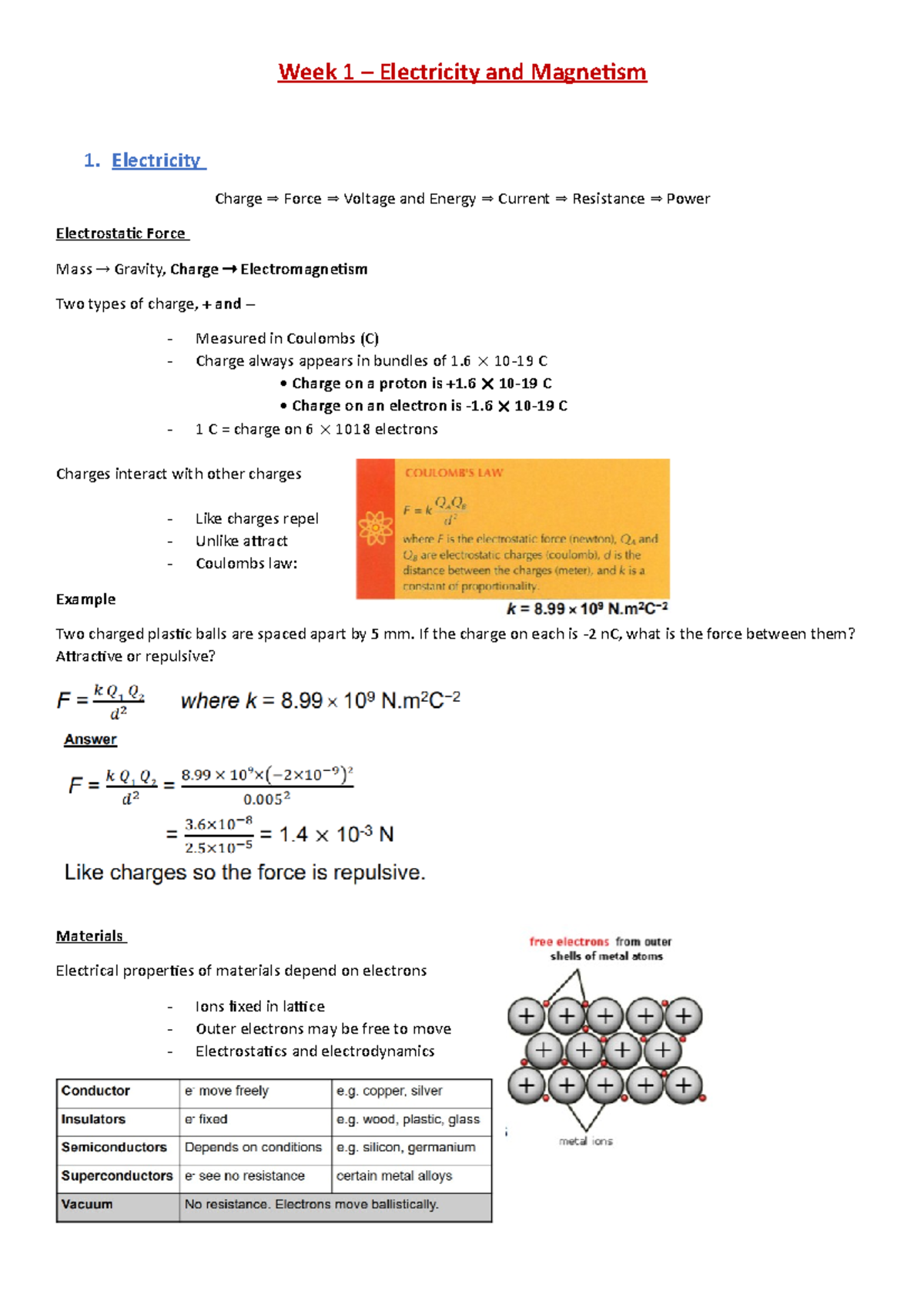 Mod 1 - module 1 - Week 1 – Electricity and Magnetism 1. Electricity ...