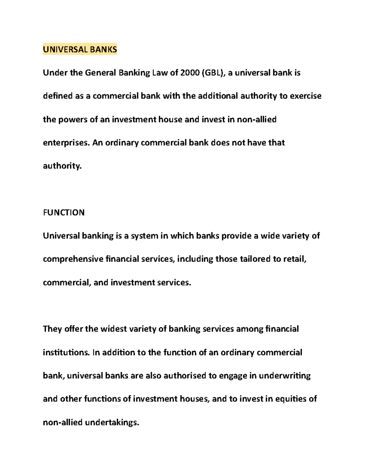 Banking Finance - UNIVERSAL BANKS Under the General Banking Law of 2000 ...