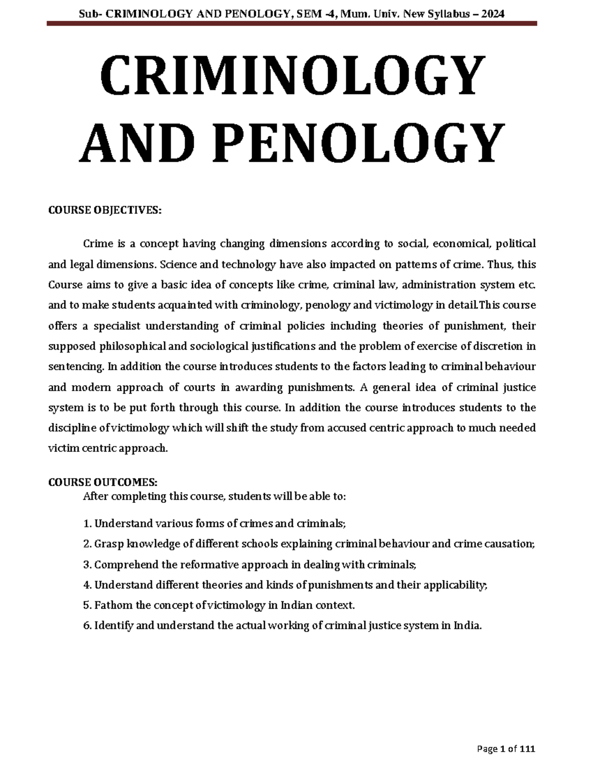 Criminology AND Penology - CRIMINOLOGY AND PENOLOGY COURSE OBJECTIVES ...