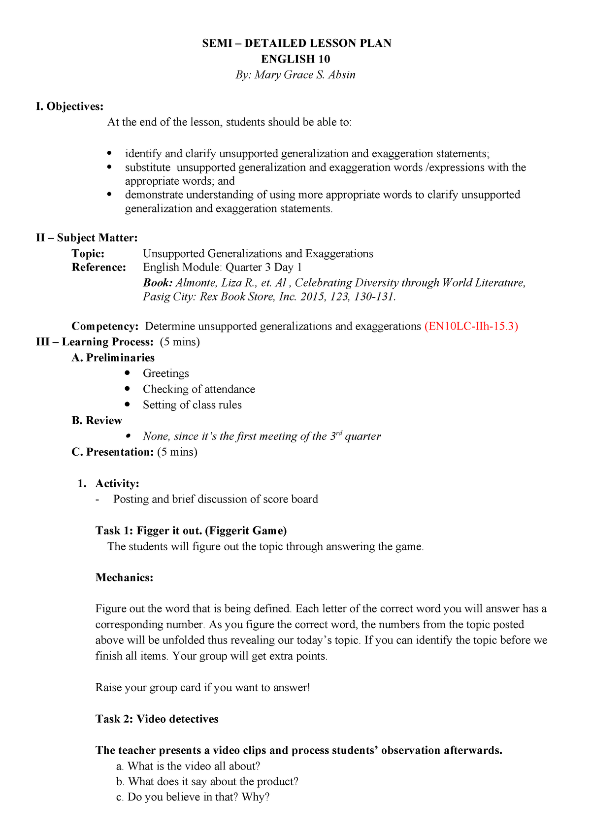 lesson Plan example - SEMI – DETAILED LESSON PLAN ENGLISH 10 By: Mary ...