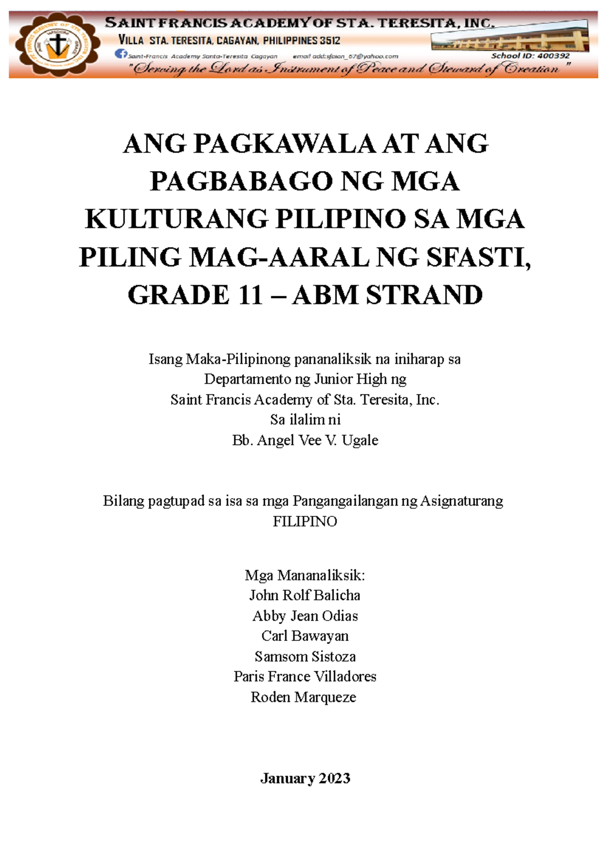 Fil 8 Pananaliksik Front Page Ang Pagkawala At Ang Pagbabago Ng Mga