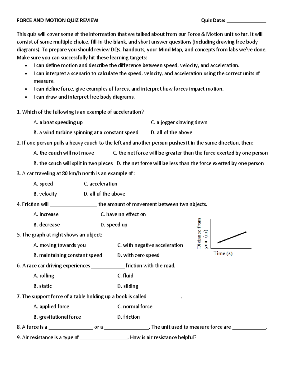 Force and Motion Quiz Review - FORCE AND MOTION QUIZ REVIEW Quiz Date ...