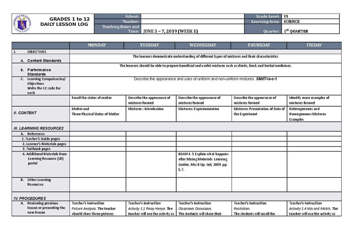 DLL Science 6 Q1 W1 - GRADES 1 to 12 DAILY LESSON LOG School: Grade ...