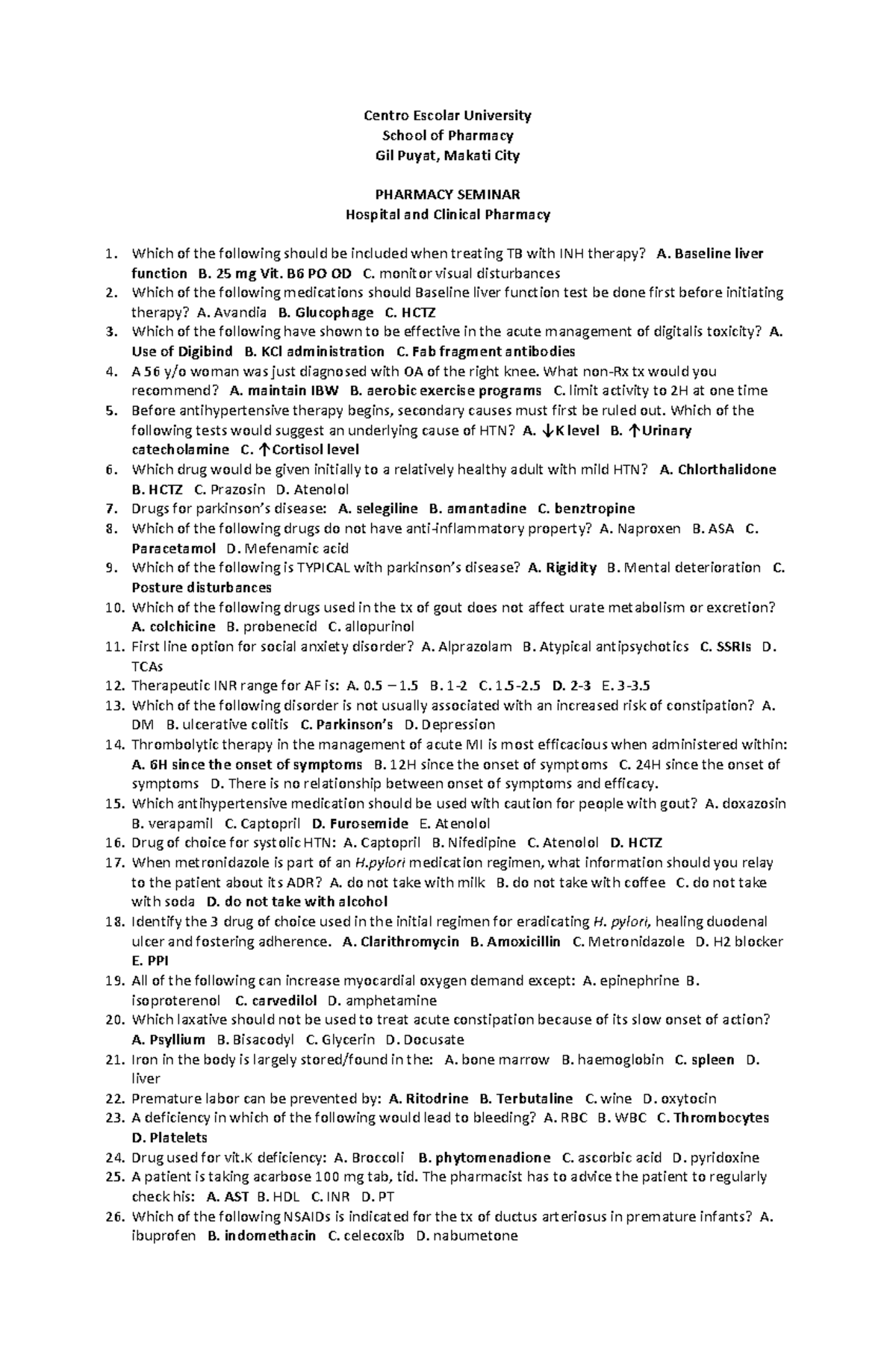 Pharmacy Seminar Notes Hospital Clincal Pharmacy - 1. 2. 3. 4. 5. 6. 7 ...