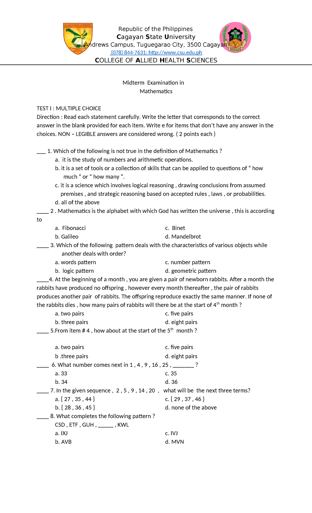 Midterm Examination in Math - Cagayan State University Andrews Campus ...