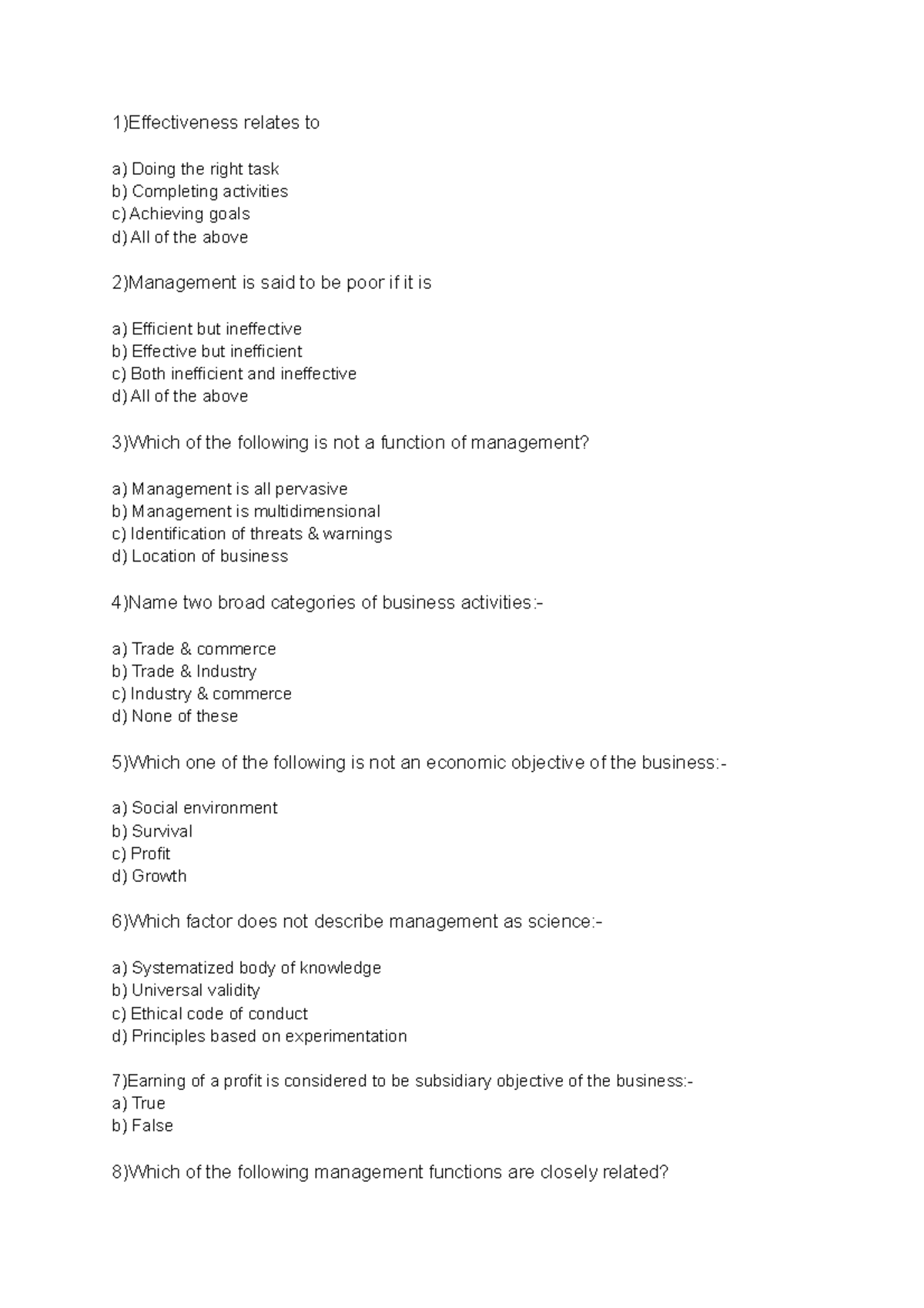 MCQ Management Of Principles - 1)Effectiveness Relates To A) Doing The ...