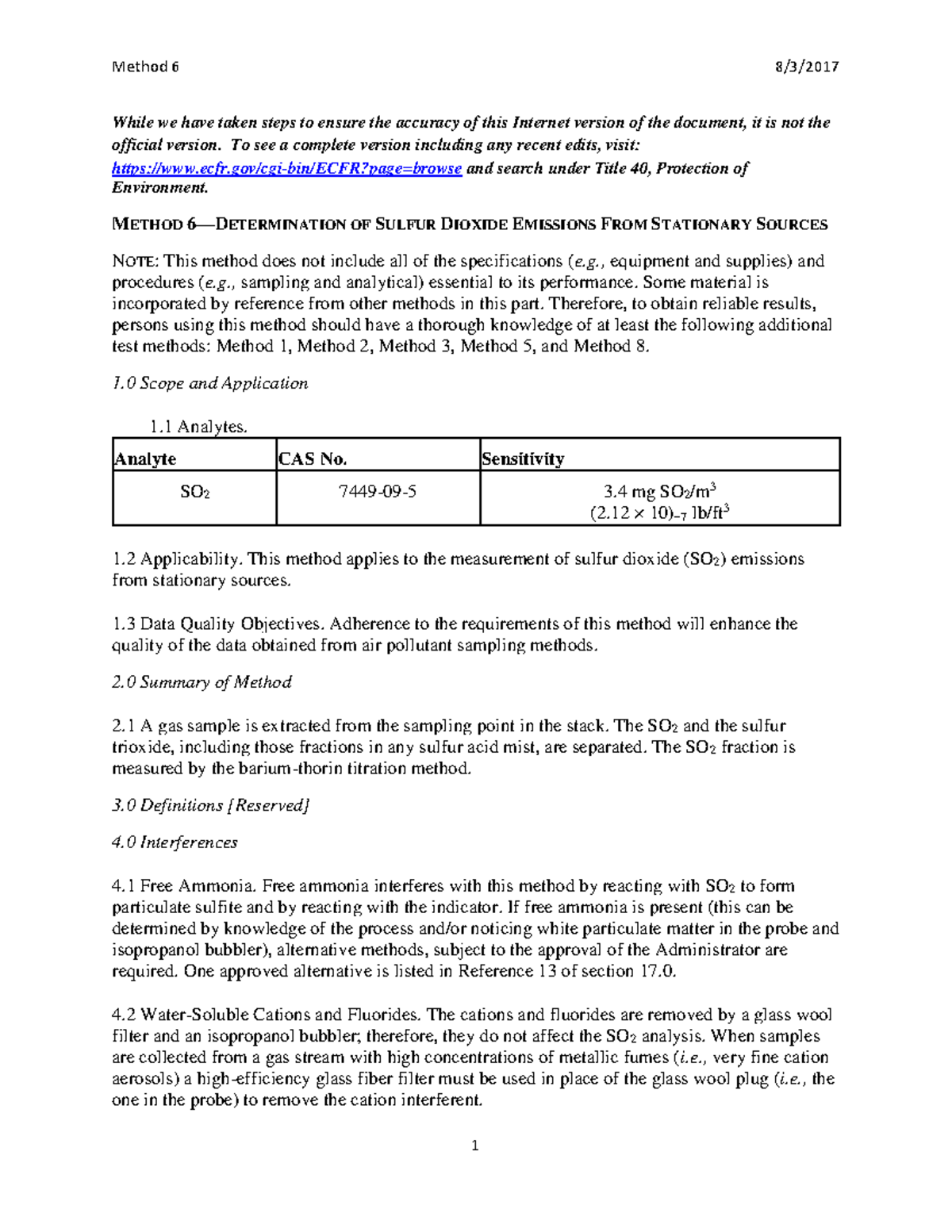 Method 6— Determination Of Sulfur Dioxide Emissions From Stationary