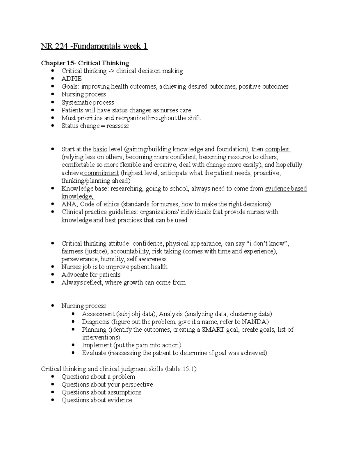 Week 1 Notes - NR 224 -Fundamentals Week 1 Chapter 15- Critical ...