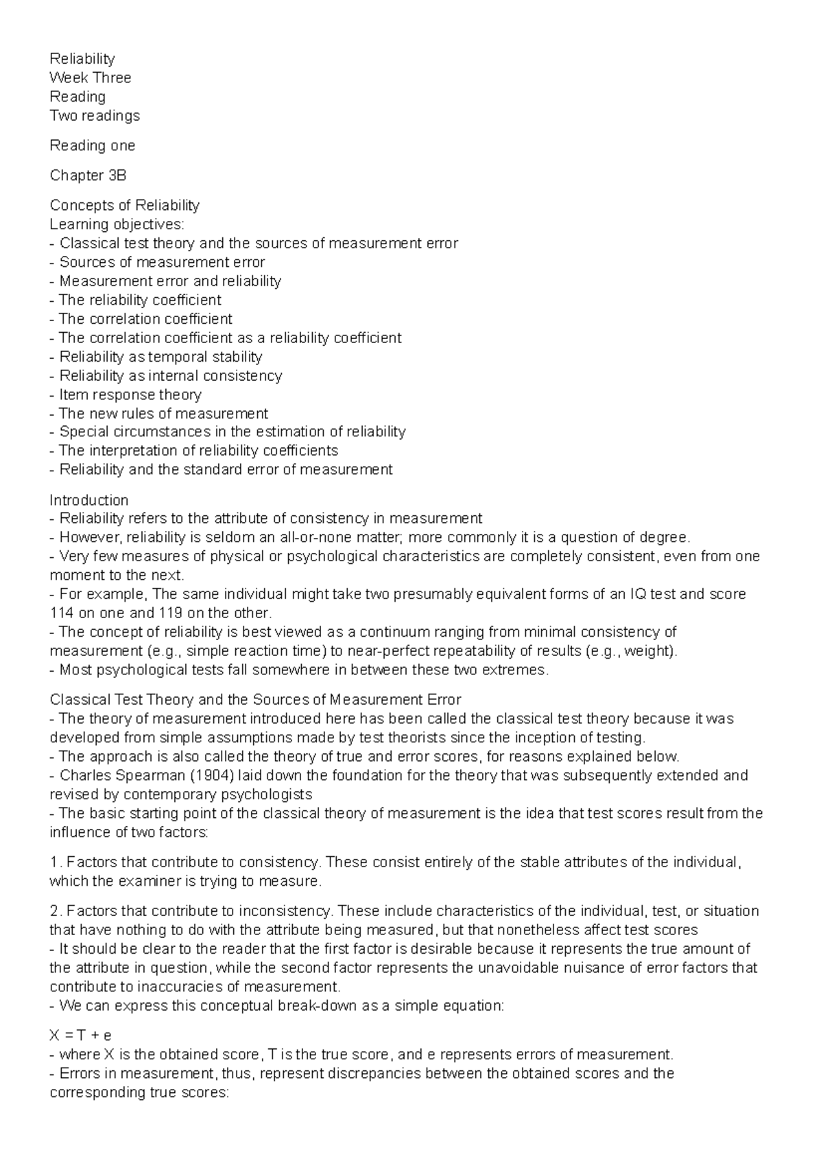 Reliability - Week three- Reading- Psychological testing - Reliability ...