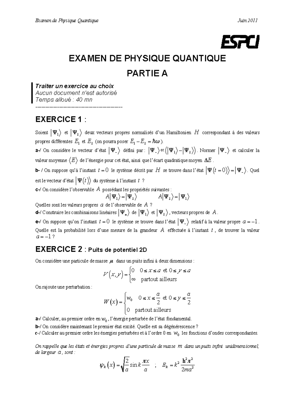 M Q S5 examens 04 - Cours - EXAMEN DE PHYSIQUE QUANTIQUE PARTIE A ...