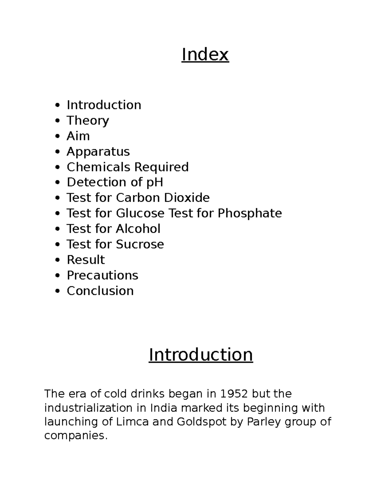 Investigatory Project ON SOFT Drinks Index Introduction Theory Aim