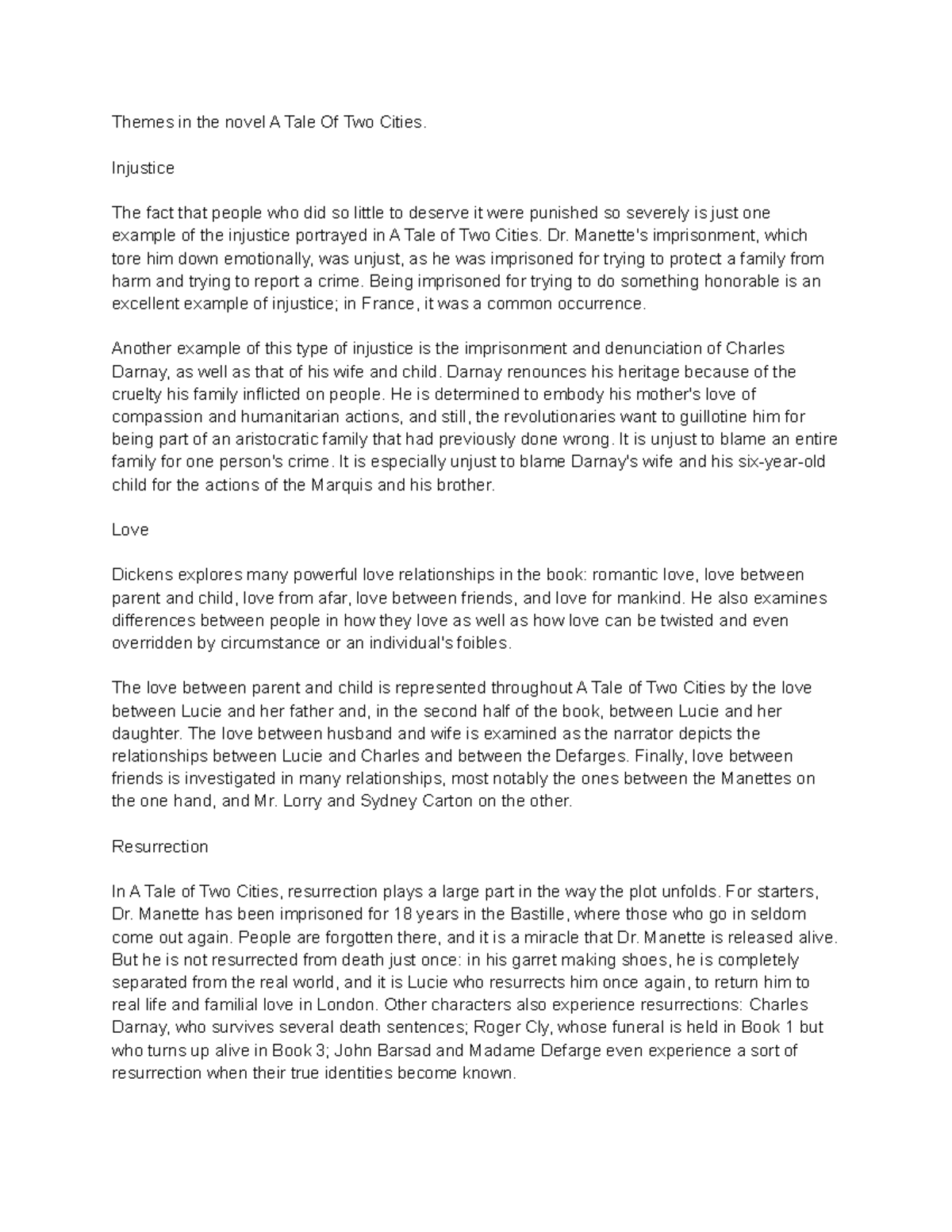 Themes in the novel A Tale Of Two Cities - Injustice The fact that ...