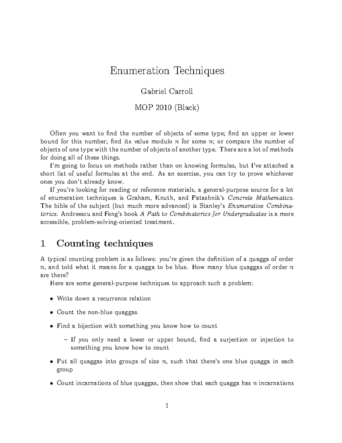 Enumeration Techniques - Gabriel Carroll - MOP Black 2010 - Enumeration ...