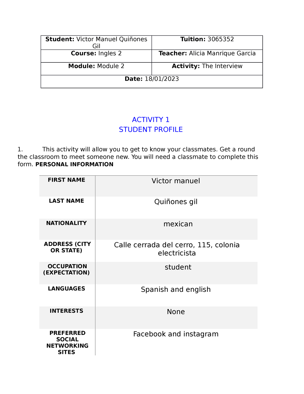 Activity 1 - Actividad 1 De Ingles - Student: Victor Manuel Quiñones ...