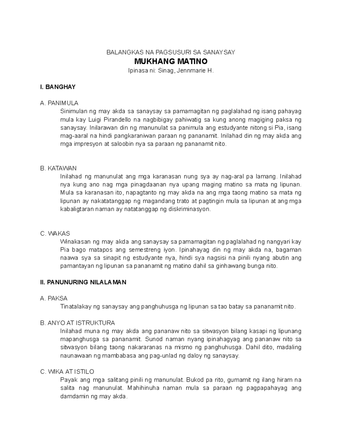 Sinag Mukhang Matino - BALANGKAS NA PAGSUSURI SA SANAYSAY MUKHANG ...