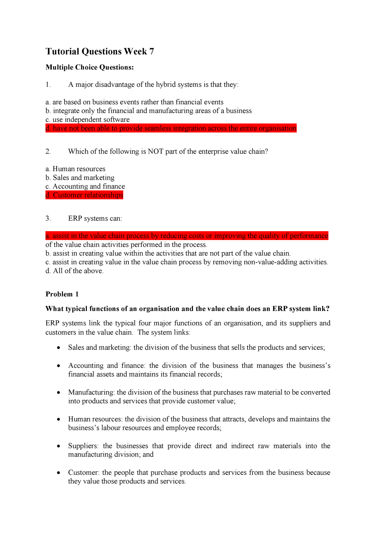 Tutorial Solutions Week 7 - Tutorial Questions Week 7 Multiple Choice ...