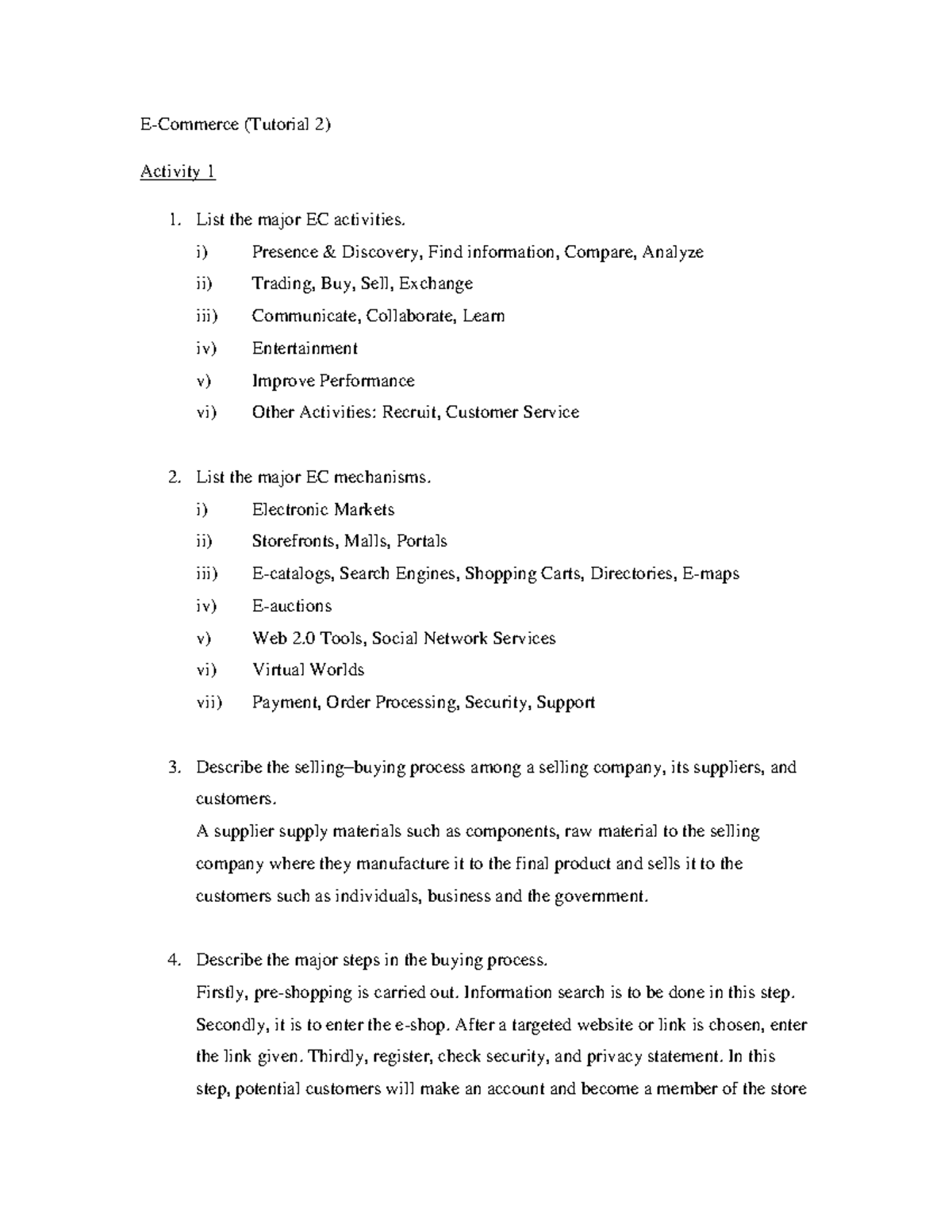 E-COM Tutorial 2 (Answer) - E-Commerce (Tutorial 2) Activity 1 1. List ...