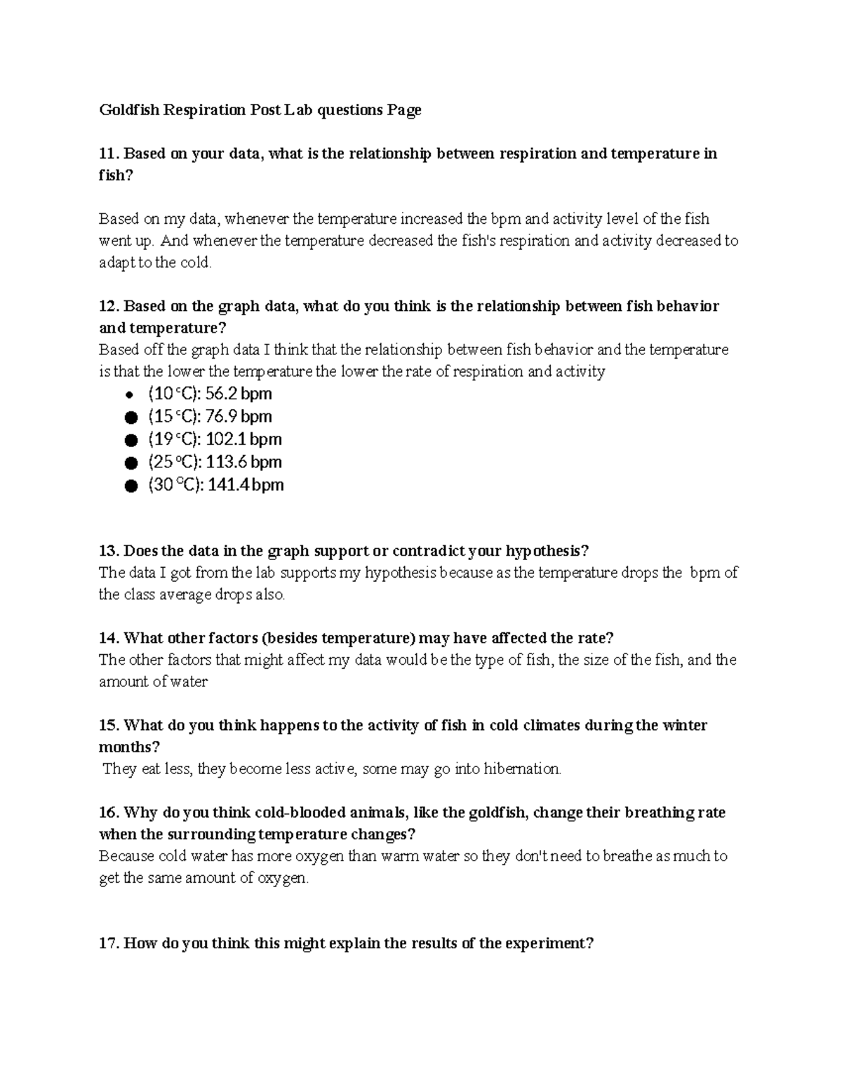 Goldfish Respiration Post Lab questions Page Based on your data, what