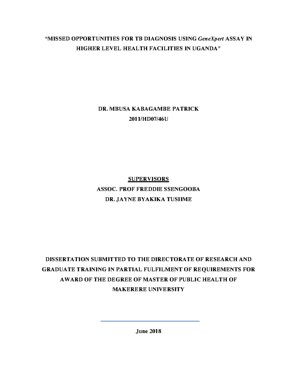 Manuscript Dr.Kabagambe Utilization of GXpert July 2018 - “MISSED ...