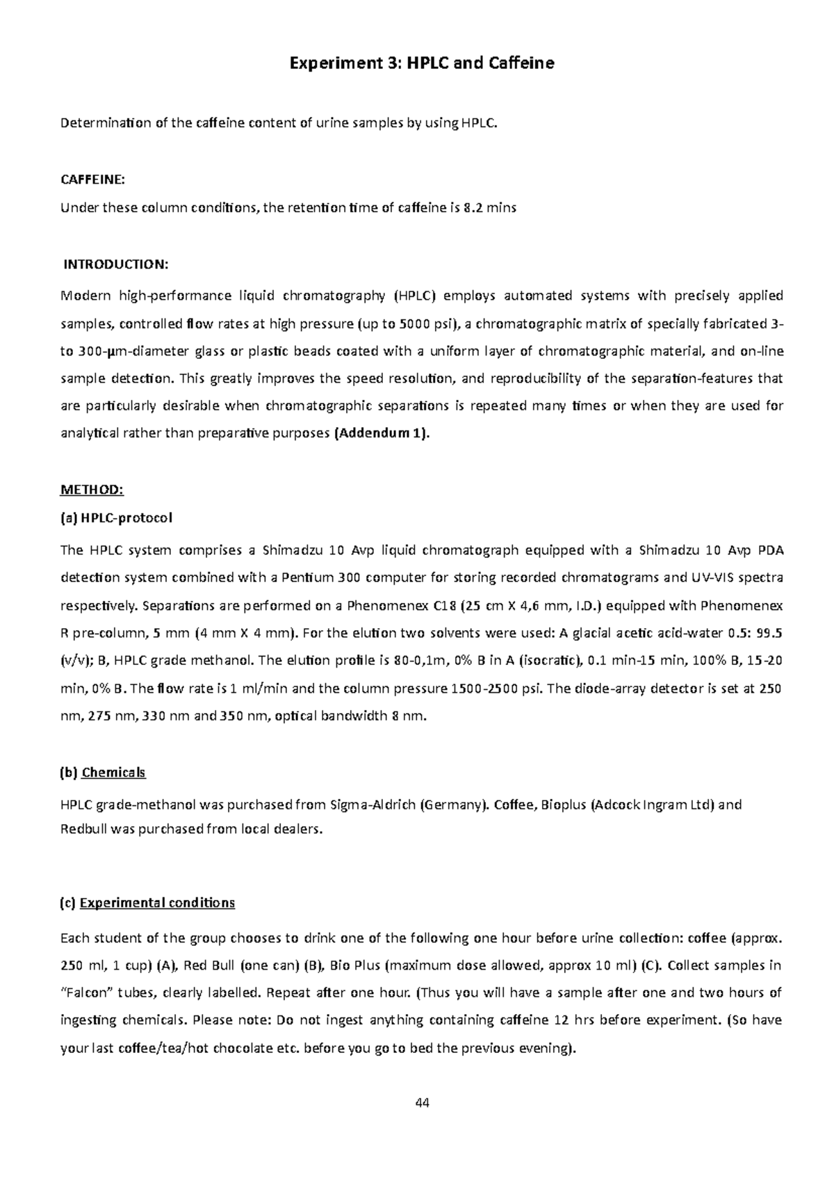 Experiment 3 HPLC and Caffeine - Experiment 3: HPLC and Caffeine ...