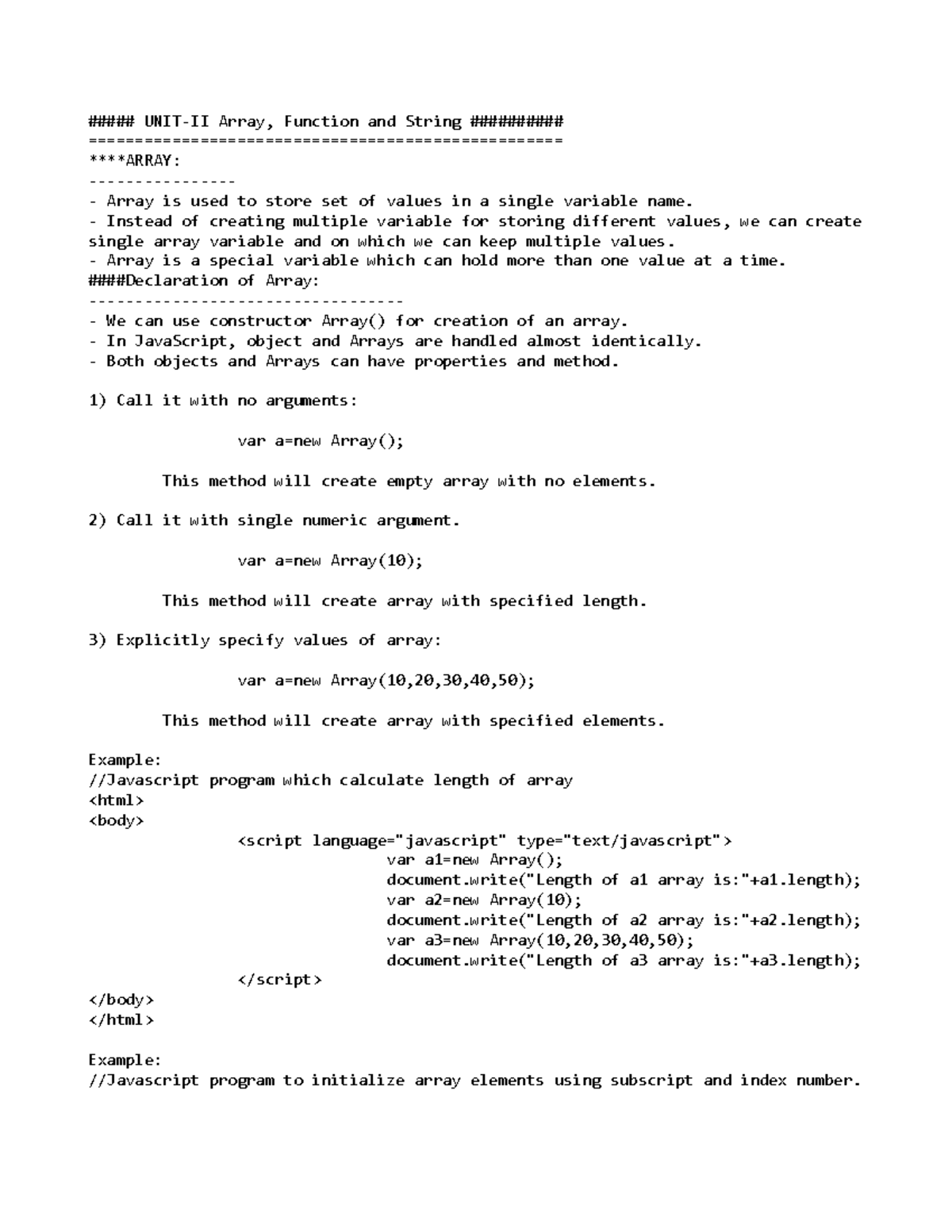 UNIT-II Notes Java Script - UNIT-II Array, Function and String - Studocu