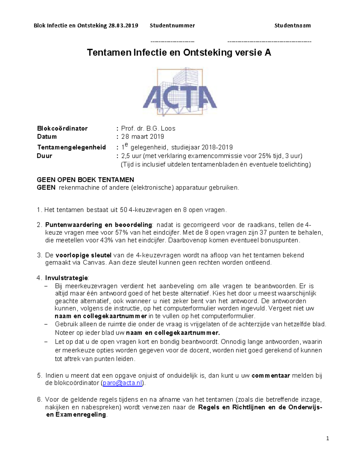 Oefententamen 2019 Zonder Antwoorden - Tentamen Infectie En Ontsteking ...